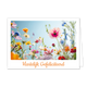 Hartelijk gefeliciteerd - Formaat: Klein - Vorm: Liggend - Felicitatiekaart - Op deze wenskaart staat een bloemenveld met de kleuren roze, blauw, geel, oranje, paars, rood en groen. Onder de illustratie staat de tekst: "Hartelijk gefeliciteerd". - Snelwenskaart