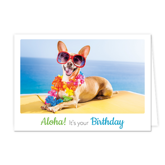 Aloha it's your birthday - Formaat: Klein - Vorm: Liggend - Verjaardagskaart - Op deze wenskaart staat een hond met een zonnenbril en bloemenslinger, die bij de zee ligt te zonnen. Onder de illustratie staat de tekst: "Aloha! It's your birthday". - Snelwenskaart
