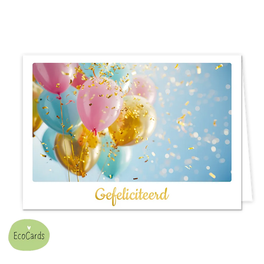 Gefeliciteerd - Afmeting: {"value":13.4,"unit":"CENTIMETERS"} x {"value":9.7,"unit":"CENTIMETERS"} - Formaat: Klein - Vorm: Liggend - Felicitatiekaart - Op deze wenskaart staan ballonnen en confetti in de kleuren roze, blauw en goud. Onder de illustratie staat de tekst: "Gefeliciteerd". - Snelwenskaart