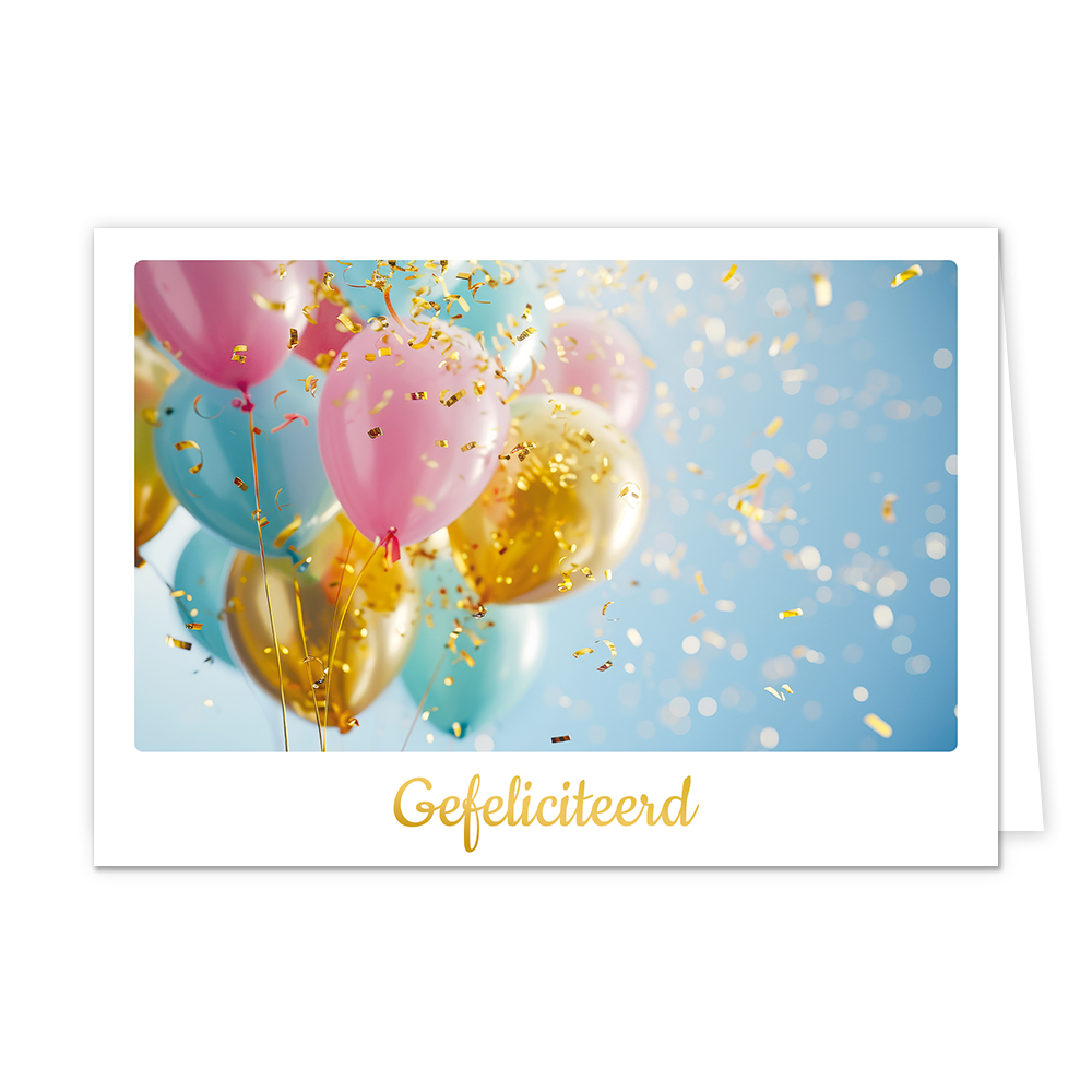 Gefeliciteerd - Formaat: Klein - Vorm: Liggend - Felicitatiekaart - Op deze wenskaart staan ballonnen en confetti in de kleuren roze, blauw en goud. Onder de illustratie staat de tekst: "Gefeliciteerd". - Snelwenskaart