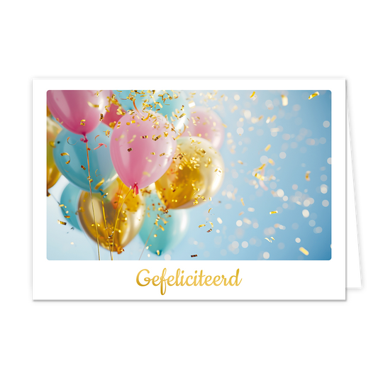 Gefeliciteerd - Formaat: Klein - Vorm: Liggend - Felicitatiekaart - Op deze wenskaart staan ballonnen en confetti in de kleuren roze, blauw en goud. Onder de illustratie staat de tekst: "Gefeliciteerd". - Snelwenskaart
