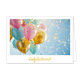 Gefeliciteerd - Formaat: Klein - Vorm: Liggend - Felicitatiekaart - Op deze wenskaart staan ballonnen en confetti in de kleuren roze, blauw en goud. Onder de illustratie staat de tekst: "Gefeliciteerd". - Snelwenskaart