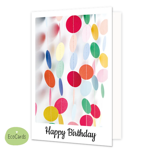Happy birthday - Afmeting: {"value":9.7,"unit":"CENTIMETERS"} x {"value":13.4,"unit":"CENTIMETERS"} - Formaat: Klein - Vorm: Staand - Verjaardagskaart - Op deze wenskaart is een kleurrijke illustratie te zien van verticale slingers bestaande uit ronde, papieren schijfjes in diverse kleuren zoals rood, geel, blauw en groen. De achtergrond van de afbeelding is wit en helder, waarbij sommige slingers op de voorgrond scherp zijn en andere op de achtergrond vervaagd worden weergegeven. Onderaan de witte rand van