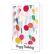Happy birthday - Formaat: Klein - Vorm: Staand - Verjaardagskaart - Op deze wenskaart is een kleurrijke illustratie te zien van verticale slingers bestaande uit ronde, papieren schijfjes in diverse kleuren zoals rood, geel, blauw en groen. De achtergrond van de afbeelding is wit en helder, waarbij sommige slingers op de voorgrond scherp zijn en andere op de achtergrond vervaagd worden weergegeven. Onderaan de witte rand van de kaart staat in een zwart, sierlijk handschrift de tekst "Happy Birthday". De geh