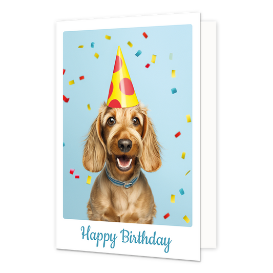 Happy birthday - Formaat: Klein - Vorm: Staand - Verjaardagskaart - Op deze wenskaart staat een lichtbruine hond met een blauwe halsband afgebeeld tegen een lichtblauwe achtergrond met dwarrelende confetti. De hond draagt een gele feesthoed met grote rode stippen en kijkt met een open bek recht in de camera. Onderaan de afbeelding, op de brede witte rand van de kaart, staat de tekst "Happy Birthday" geschreven in blauwe sierletters. De illustratie is vormgegeven als een staande foto binnen een wit kader. -