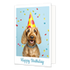 Happy birthday - Formaat: Klein - Vorm: Staand - Verjaardagskaart - Op deze wenskaart staat een lichtbruine hond met een blauwe halsband afgebeeld tegen een lichtblauwe achtergrond met dwarrelende confetti. De hond draagt een gele feesthoed met grote rode stippen en kijkt met een open bek recht in de camera. Onderaan de afbeelding, op de brede witte rand van de kaart, staat de tekst "Happy Birthday" geschreven in blauwe sierletters. De illustratie is vormgegeven als een staande foto binnen een wit kader. -