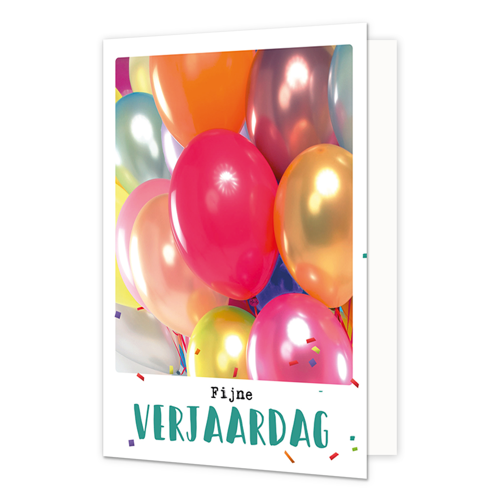 Fijne verjaardag - Formaat: Klein - Vorm: Staand - Verjaardagskaart - Op deze wenskaart staan ballonnen in de kleuren rood, oranje, roze, goud, geel en blauw. Onder de illustratie staat de tekst: "Fijne verjaardag". - Snelwenskaart