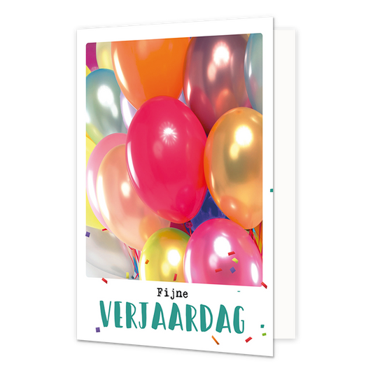 Fijne verjaardag - Formaat: Klein - Vorm: Staand - Verjaardagskaart - Op deze wenskaart staan ballonnen in de kleuren rood, oranje, roze, goud, geel en blauw. Onder de illustratie staat de tekst: "Fijne verjaardag". - Snelwenskaart
