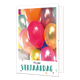 Fijne verjaardag - Formaat: Klein - Vorm: Staand - Verjaardagskaart - Op deze wenskaart staan ballonnen in de kleuren rood, oranje, roze, goud, geel en blauw. Onder de illustratie staat de tekst: "Fijne verjaardag". - Snelwenskaart