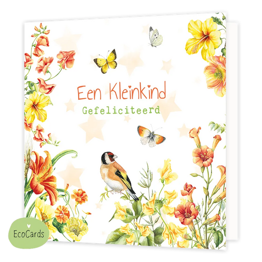 Een kleinkind - Formaat: Normaal - Vorm: Vierkant - Geboortekaart - Op deze wenskaart staan bloemen in de kleuren geel en oranje, samen met een vogel en vlinders. In het midden staat de tekst: "Een kleinkind gefeliciteerd". - Snelwenskaart