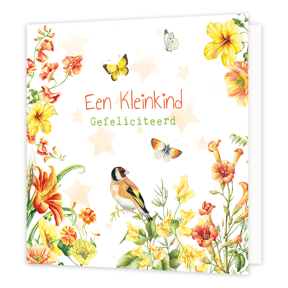 Een kleinkind - Formaat: Standaard - Vorm: Vierkant - Geboortekaart - Op deze wenskaart staan bloemen in de kleuren geel en oranje, samen met een vogel en vlinders. In het midden staat de tekst: "Een kleinkind gefeliciteerd". - Snelwenskaart