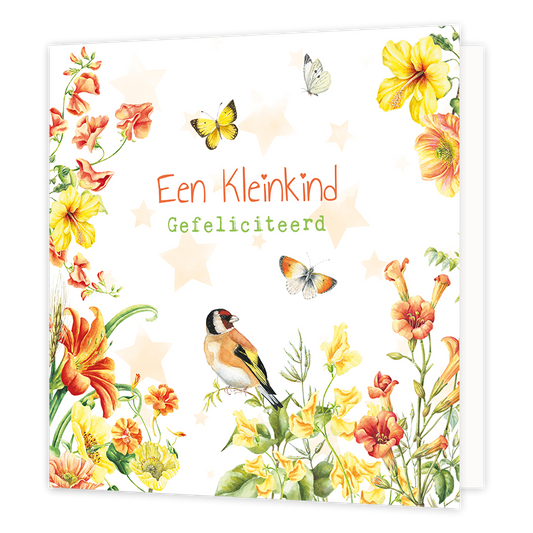 Een kleinkind - Formaat: Normaal - Vorm: Vierkant - Geboortekaart - Op deze wenskaart staan bloemen in de kleuren geel en oranje, samen met een vogel en vlinders. In het midden staat de tekst: "Een kleinkind gefeliciteerd". - Snelwenskaart