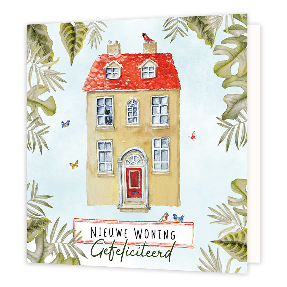 Nieuwe woning - Formaat: Normaal - Vorm: Vierkant - Woningkaart - Op deze wenskaart staat een huis met groene blaadjes erom heen. Onder de woning staat de tekst: "Nieuwe woning gefeliciteerd". - Snelwenskaart
