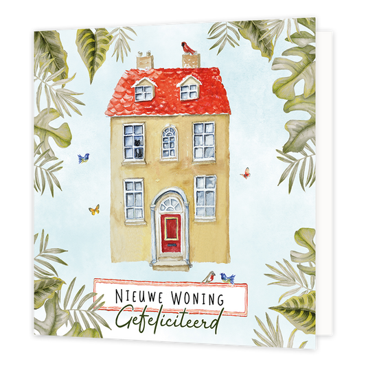 Nieuwe woning - Formaat: Normaal - Vorm: Vierkant - Woningkaart - Op deze wenskaart staat een huis met groene blaadjes erom heen. Onder de woning staat de tekst: "Nieuwe woning gefeliciteerd". - Snelwenskaart