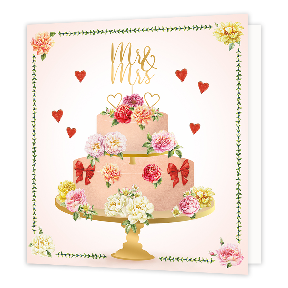 Mr & Mrs - Formaat: Normaal - Vorm: Vierkant - Huwelijkskaart - Op deze wenskaart staat een roze taart met bloemen en hartjes. In de taart zit een gouden prikker met de tekts: MR & MRS". - Snelwenskaart
