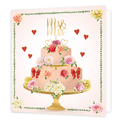 Mr & Mrs - Formaat: Normaal - Vorm: Vierkant - Huwelijkskaart - Op deze wenskaart staat een roze taart met bloemen en hartjes. In de taart zit een gouden prikker met de tekts: MR & MRS". - Snelwenskaart