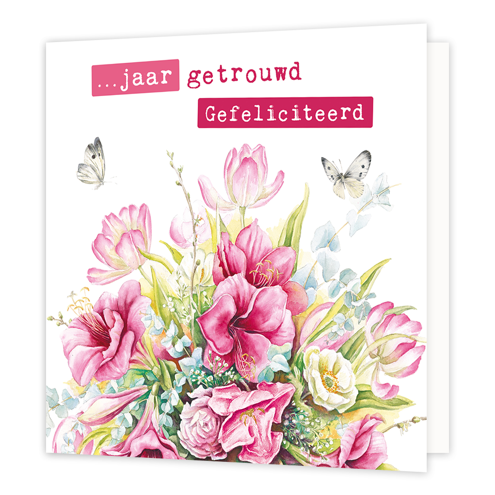 x jaar getrouwd - Formaat: Normaal - Vorm: Vierkant - Huwelijkskaart - Op deze wenskaart staan bloemen in de kleuren roze, geel en blauw. Boven aan staat de tekst: "... jaar getrouwd gefeliciteerd". - Snelwenskaart