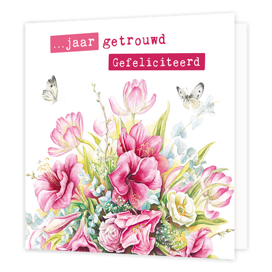 x jaar getrouwd - Formaat: Normaal - Vorm: Vierkant - Huwelijkskaart - Op deze wenskaart staan bloemen in de kleuren roze, geel en blauw. Boven aan staat de tekst: "... jaar getrouwd gefeliciteerd". - Snelwenskaart