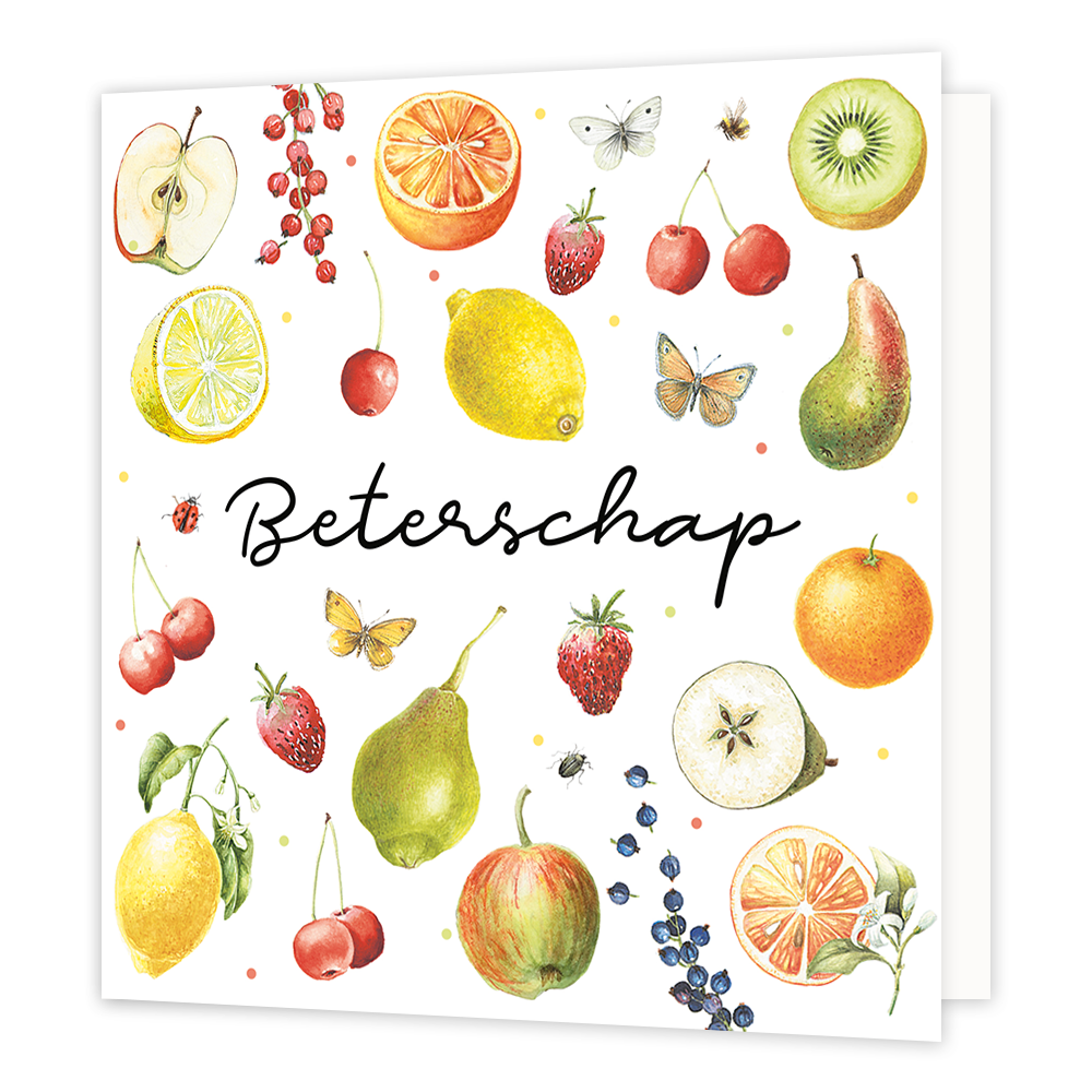 Beterschap - Formaat: Normaal - Vorm: Vierkant - Beterschapskaart - Op deze wenskaart staan diverse soorten fruit waaronder aarbeiden, kersen, kiwi's, appels, peren en citroenen. In het midden staat de tekst: "Beterschap". - Snelwenskaart