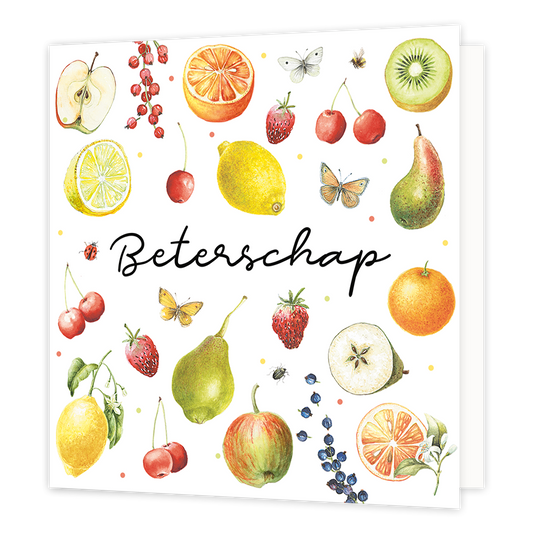 Beterschap - Formaat: Normaal - Vorm: Vierkant - Beterschapskaart - Op deze wenskaart staan diverse soorten fruit waaronder aarbeiden, kersen, kiwi's, appels, peren en citroenen. In het midden staat de tekst: "Beterschap". - Snelwenskaart