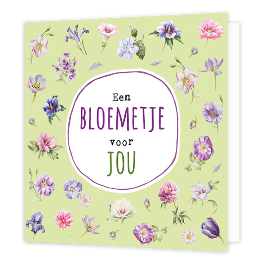 Een bloemetje voor jou - Formaat: Normaal - Vorm: Vierkant - Denken aan kaart - Op deze wenskaart staan bloemen in de kleuren roze, lila en paars, op een groene achtergrond. In het midden zit een wit rondje met daarin de tekst: "Een bloementje voor jou". - Snelwenskaart