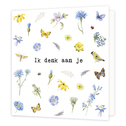 Ik denk aan jou - Formaat: Normaal - Vorm: Vierkant - Denken aan kaart - Op deze wenskaart staan bloemen en dieren in de kleuren paars, geel, blauw en groen met in het midden de tekst: "Ik denk aan je". - Snelwenskaart