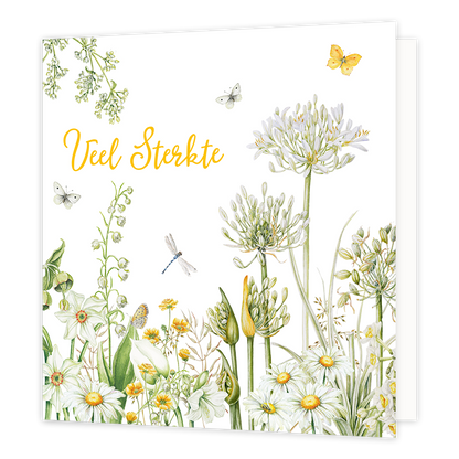 Veel sterkte - Formaat: Normaal - Vorm: Vierkant - Sterkte kaart - Op deze wenskaart staat een bloemenveld met de kleuren geel, wit en groen. In het midden staat de tekst: "Veel sterkte". - Snelwenskaart