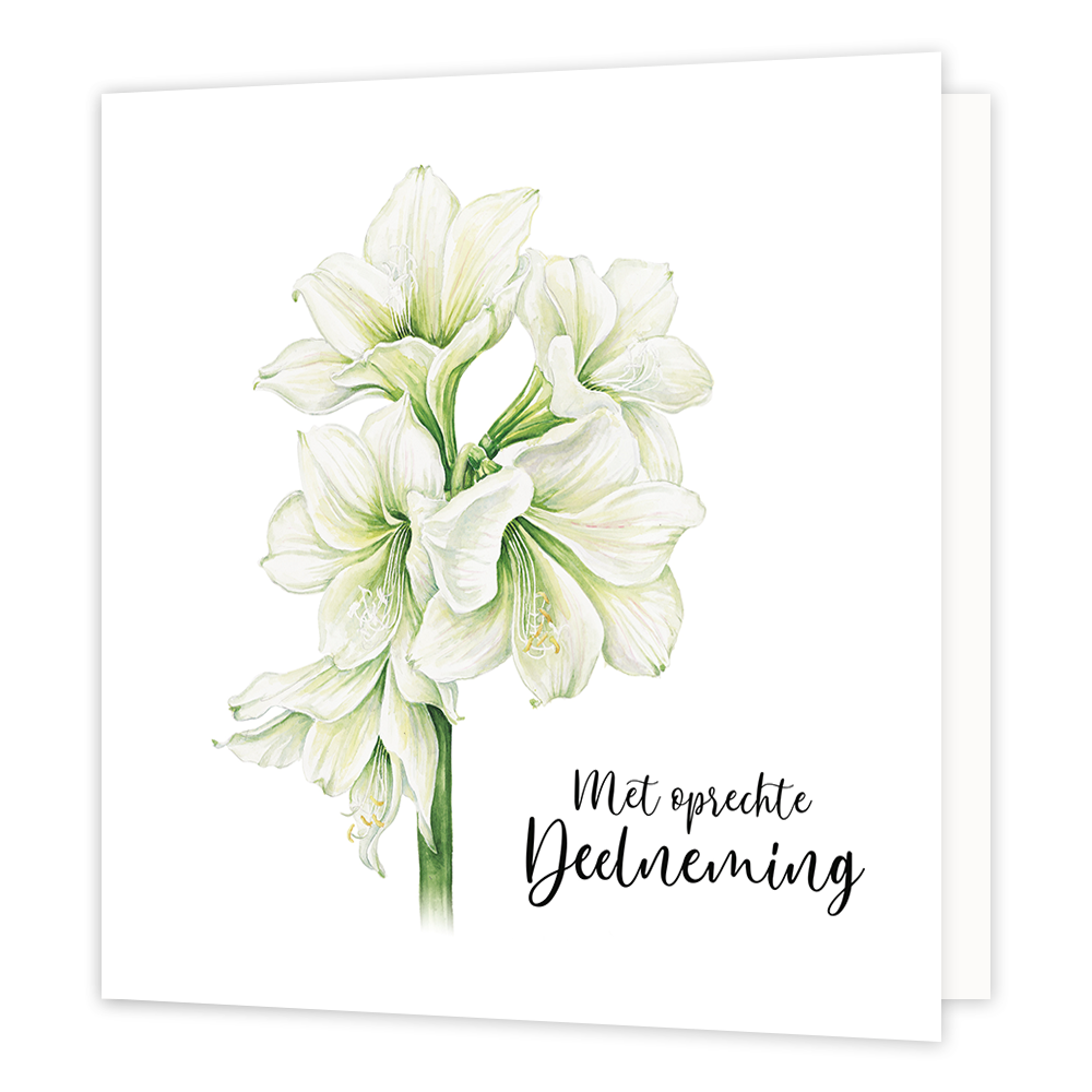 Met oprechte deelneming - Formaat: Normaal - Vorm: Vierkant - Condoleance kaart - Op deze wenskaart staan witte bloemen met rechts daaronder de tekst: "Met oprechte deelneming". - Snelwenskaart