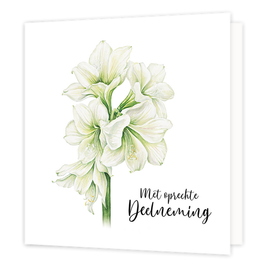 Met oprechte deelneming - Formaat: Normaal - Vorm: Vierkant - Condoleance kaart - Op deze wenskaart staan witte bloemen met rechts daaronder de tekst: "Met oprechte deelneming". - Snelwenskaart