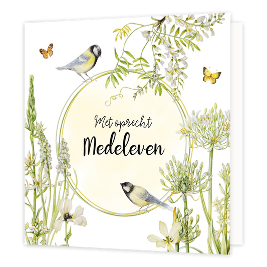 Met oprecht medeleven - Formaat: Normaal - Vorm: Vierkant - Condoleance kaart - Op deze wenskaart staan bloemen in de kleuren groen en wit, met vogels en vlinders. In het midden staat de tekst: "Met oprechte medeleven". - Snelwenskaart