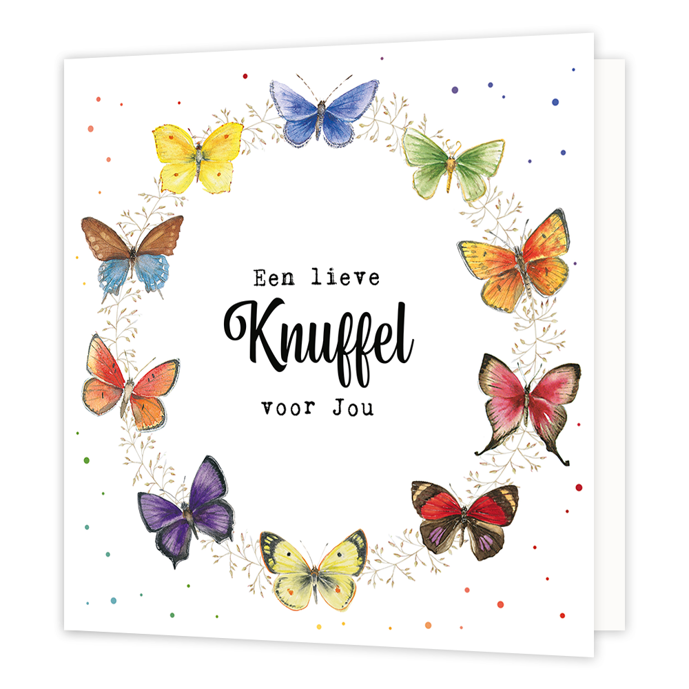 Een lieve knuffel voor jou - Formaat: Normaal - Vorm: Vierkant - Vriendschapskaart - Op deze wenskaart staan vlinders in een cirkel met in het midden de tekst: "Een lieve knuffel voor jou". - Snelwenskaart