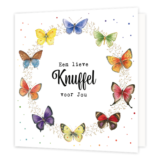 Een lieve knuffel voor jou - Formaat: Normaal - Vorm: Vierkant - Vriendschapskaart - Op deze wenskaart staan vlinders in een cirkel met in het midden de tekst: "Een lieve knuffel voor jou". - Snelwenskaart