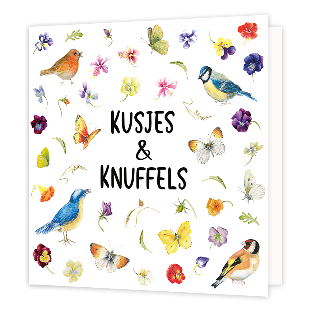 Kusjes & knuffels - Formaat: Normaal - Vorm: Vierkant - Vriendschapskaart - Op deze wenskaart staan vogels, vlinders en bloemen in de kleuren roze, paars, geel, groen, rood en wit. In het midden staat de tekst: "Kusjes & knuffels". - Snelwenskaart
