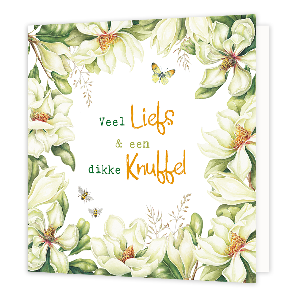 Veel liefs & een dikke knuffel - Formaat: Normaal - Vorm: Vierkant - Vriendschapskaart - Op deze wenskaart staan witte bloemen met groene bladeren. In het midden staat de tekst: "Veel liefs & een dikke knuffel". - Snelwenskaart