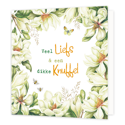 Veel liefs & een dikke knuffel - Formaat: Normaal - Vorm: Vierkant - Vriendschapskaart - Op deze wenskaart staan witte bloemen met groene bladeren. In het midden staat de tekst: "Veel liefs & een dikke knuffel". - Snelwenskaart