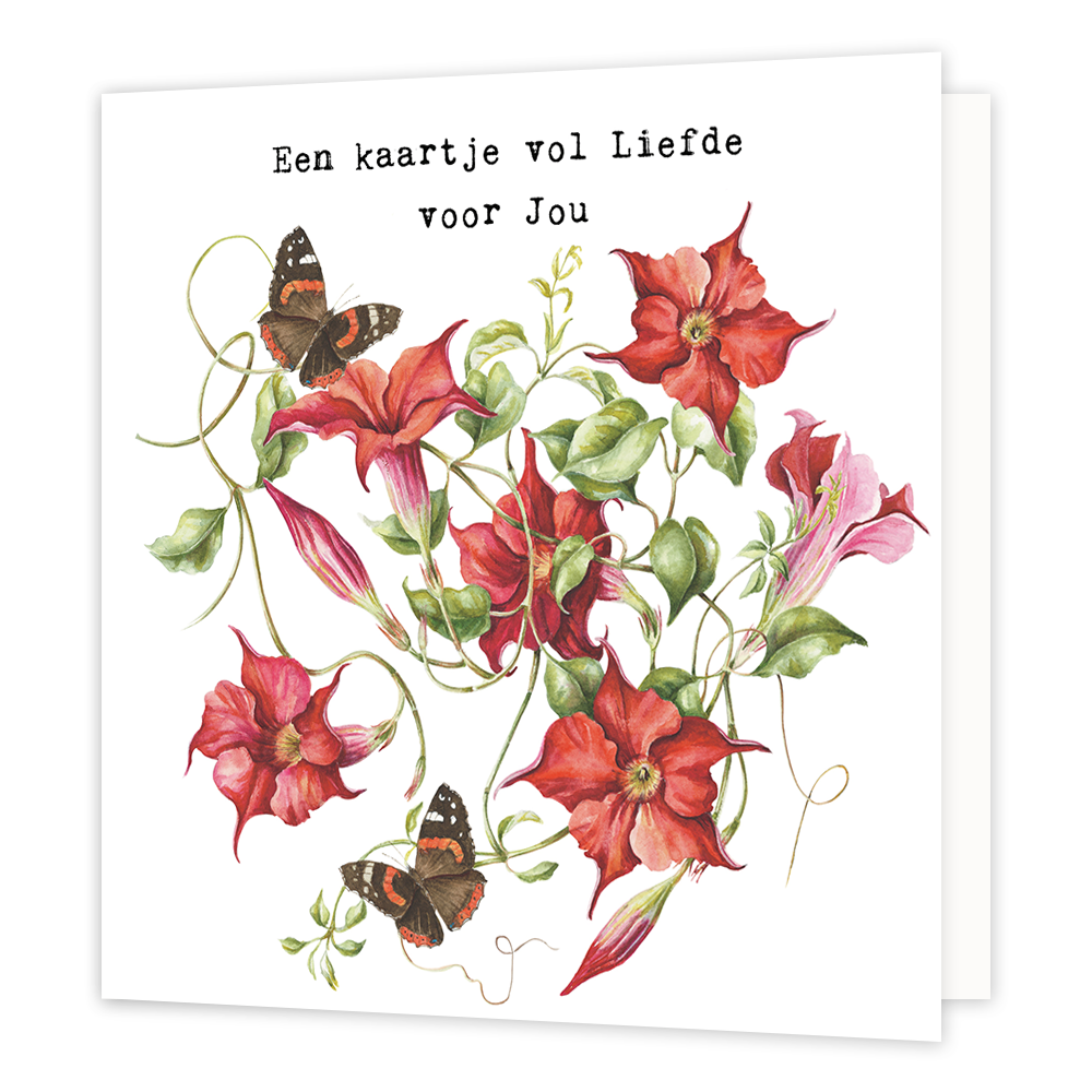 Een kaartje vol liefde voor jou - Formaat: Normaal - Vorm: Vierkant - Liefdeskaart - Op deze wenskaart staan bloemen ind e kleur rood en roze met groene bladeren en twee vlinders. Bovenaan staat de tekst: "Een kaartje vol liefde voor jou". - Snelwenskaart