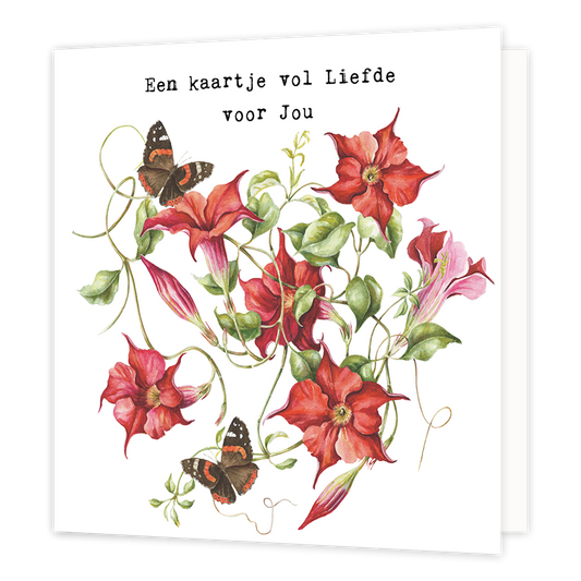 Een kaartje vol liefde voor jou - Formaat: Normaal - Vorm: Vierkant - Liefdeskaart - Op deze wenskaart staan bloemen ind e kleur rood en roze met groene bladeren en twee vlinders. Bovenaan staat de tekst: "Een kaartje vol liefde voor jou". - Snelwenskaart