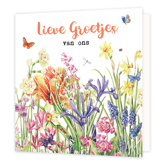 Lieve groetjes van ons - Formaat: Normaal - Vorm: Vierkant - Denken aan kaart - Op deze wenskaart staat een bloemenveld met de kleuren oranje, geel, paars, roze en groen. Daarboven staat de tekst: "Lieve groetjes van ons". - Snelwenskaart