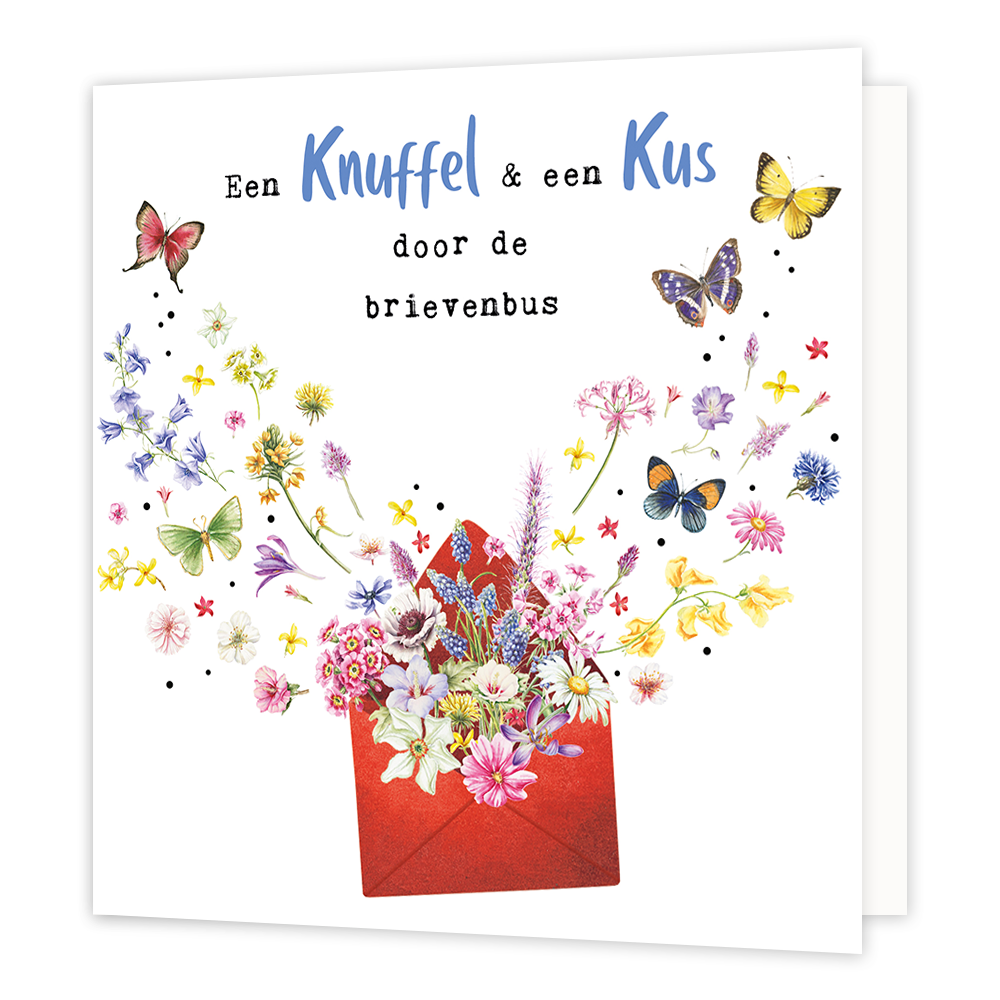 Een knuffel & een kus door de brievenbus - Formaat: Normaal - Vorm: Vierkant - Vriendschapskaart - Op deze wenskaart staan bloemen en vlinders die uit een rode envelop komen. Daarboven staat de tekst: "Een knuffel & een kus door de brievenbus". - Snelwenskaart