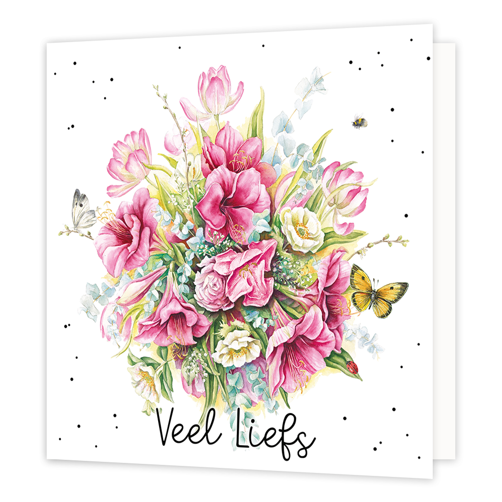 Veel liefs - Formaat: Normaal - Vorm: Vierkant - Liefdeskaart - Op deze wenskaart staan bloemen in de kleuren wit, roze, blauw en groen. Onder de bos bloemen staat de tekst: "Veel liefs". - Snelwenskaart