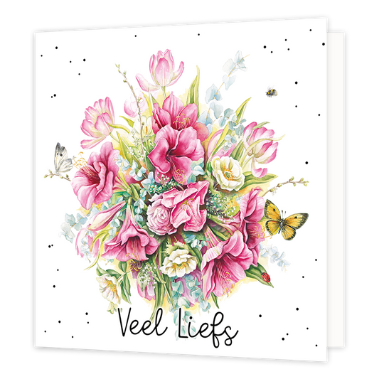 Veel liefs - Formaat: Normaal - Vorm: Vierkant - Liefdeskaart - Op deze wenskaart staan bloemen in de kleuren wit, roze, blauw en groen. Onder de bos bloemen staat de tekst: "Veel liefs". - Snelwenskaart