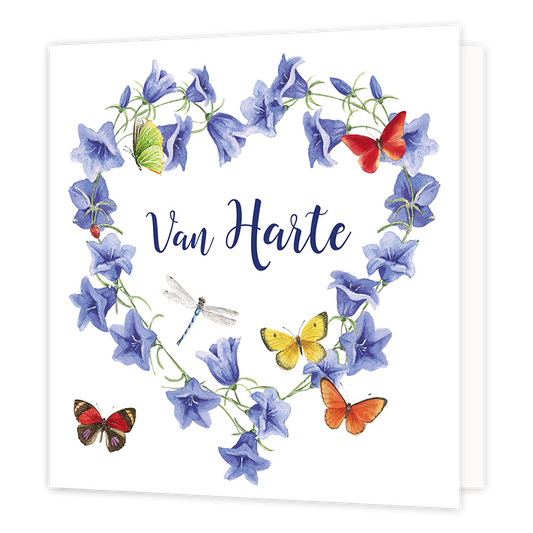 Van harte - Formaat: Normaal - Vorm: Vierkant - Felicitatiekaart - Op deze wenskaart staan bloemen die een hartje vormen met vlinders. In het midden staat de tekst: "Van harte". - Snelwenskaart