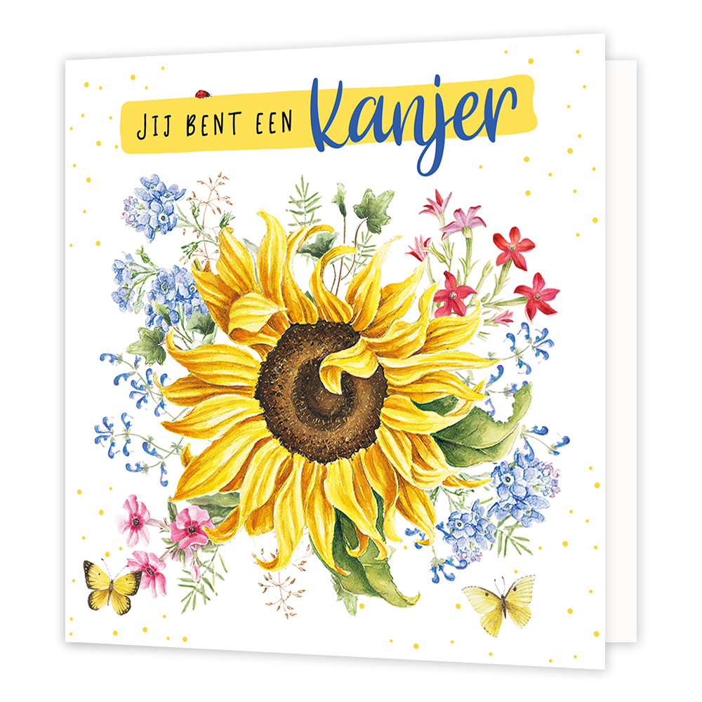 Jij bent een kanjer - Formaat: Normaal - Vorm: Vierkant - Complimentenkaart - Op deze wenskaart staat een grote zonnenbloem met daaromheen diverse bloemen in de kleuren paars, roze, rood en groen. Bovenaan staat de tekst: "Jij bent een kanjer". - Snelwenskaart