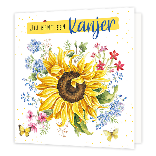 Jij bent een kanjer - Formaat: Normaal - Vorm: Vierkant - Complimentenkaart - Op deze wenskaart staat een grote zonnenbloem met daaromheen diverse bloemen in de kleuren paars, roze, rood en groen. Bovenaan staat de tekst: "Jij bent een kanjer". - Snelwenskaart