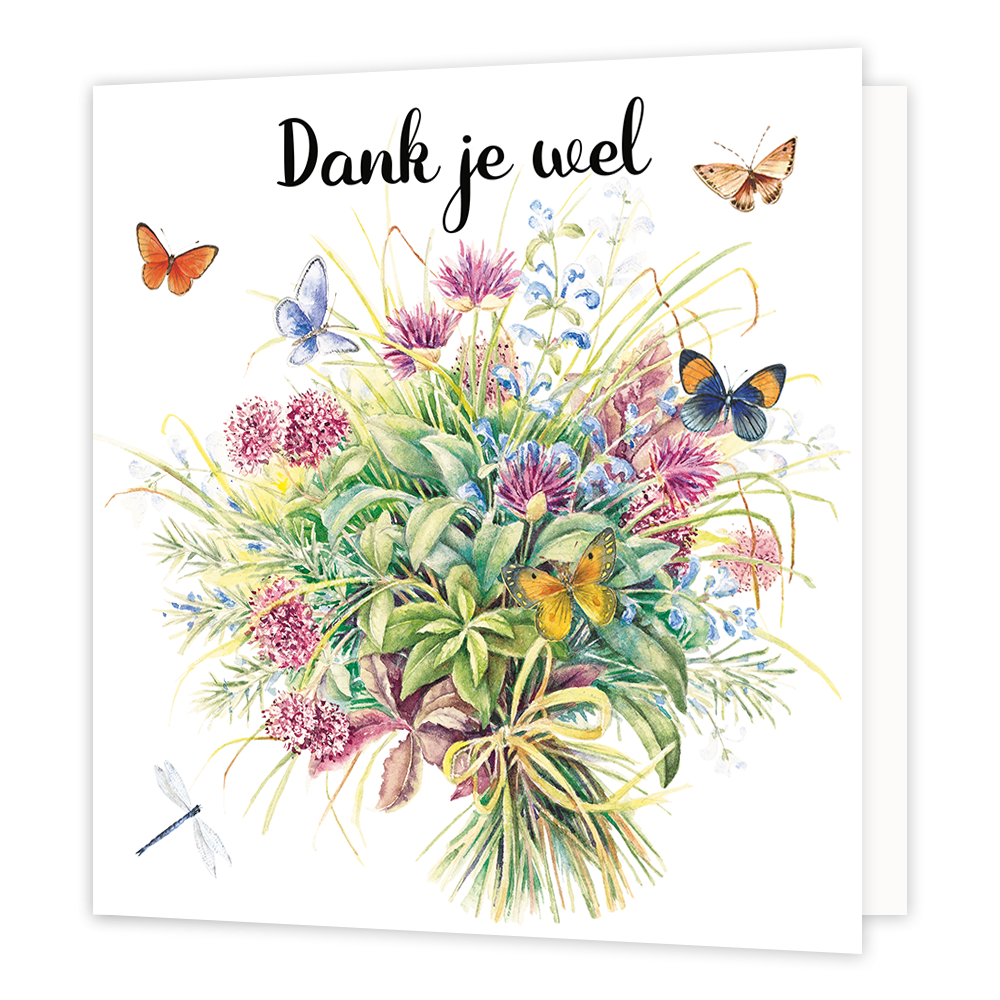 Dank je wel - Formaat: Normaal - Vorm: Vierkant - Bedankkaart - Op deze wenskaart staan bloemen in de kleuren paars, blauw en groen, met vlinders. Bovenaan staat de tekst: "Dank je wel". - Snelwenskaart