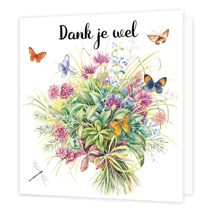Dank je wel - Formaat: Normaal - Vorm: Vierkant - Bedankkaart - Op deze wenskaart staan bloemen in de kleuren paars, blauw en groen, met vlinders. Bovenaan staat de tekst: "Dank je wel". - Snelwenskaart