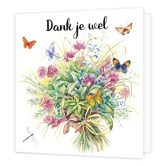 Dank je wel - Formaat: Normaal - Vorm: Vierkant - Bedankkaart - Op deze wenskaart staan bloemen in de kleuren paars, blauw en groen, met vlinders. Bovenaan staat de tekst: "Dank je wel". - Snelwenskaart