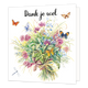 Dank je wel - Formaat: Standaard - Vorm: Vierkant - Bedankkaart - Op deze wenskaart staan bloemen in de kleuren paars, blauw en groen, met vlinders. Bovenaan staat de tekst: "Dank je wel". - Snelwenskaart