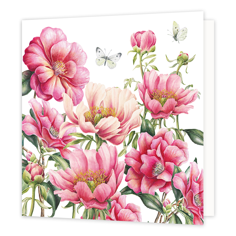 Bloemen - Formaat: Normaal - Vorm: Vierkant - Blanco kaart - Op deze wenskaart staat een gedetailleerde botanische illustratie van diverse roze en lichtgekleurde pioenrozen tegen een witte achtergrond. Tussen de bloemen en groene bladeren zijn twee witte vlinders met zwarte accenten te zien die door de lucht vliegen. De illustratie toont zowel volledig geopende bloemen als dichte bloemknoppen op lange stelen. - Snelwenskaart