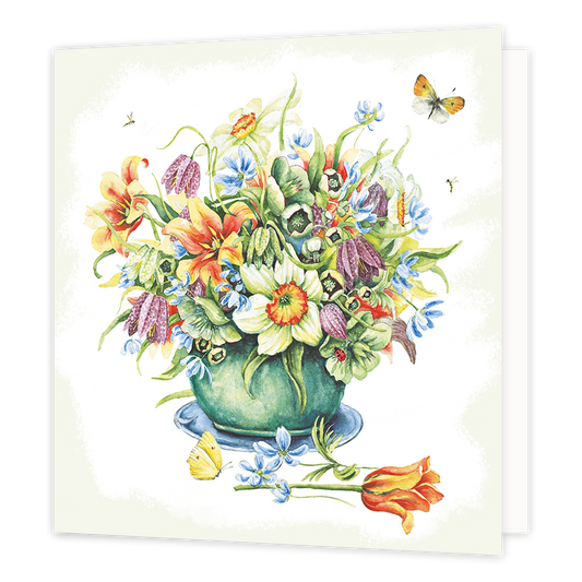 Bloemenvaas - Formaat: Normaal - Vorm: Vierkant - Blanco kaart - Op deze wenskaart staat een ronde vaas met bloemen in de kleuren paars, oranje, geel, blauw en groen, op een witte achtergrond. - Snelwenskaart